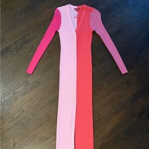 STAUD Two-Tone Pink & Red Ribbed Button-Front Maxi Dress